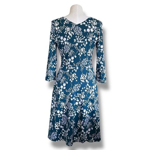 Pact Organic Womens Party Dress Sz Small Dark Teal Blue White Floral Midi V-neck - Picture 6 of 8